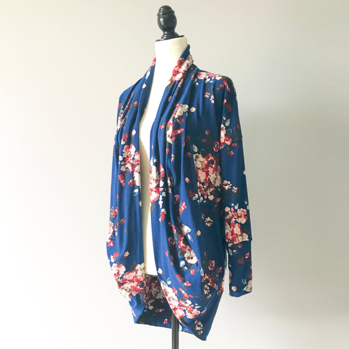 Bright Navy Floral Cocoon Cardigan - Large